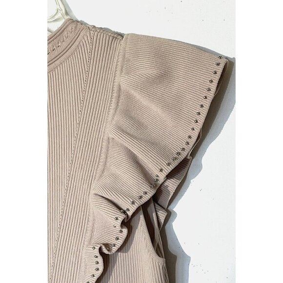 SANDRO PARIS Tilla Pink Blush Ruffle-Trim Embellished Rib-Knit Mini Dress - Picture 9 of 13